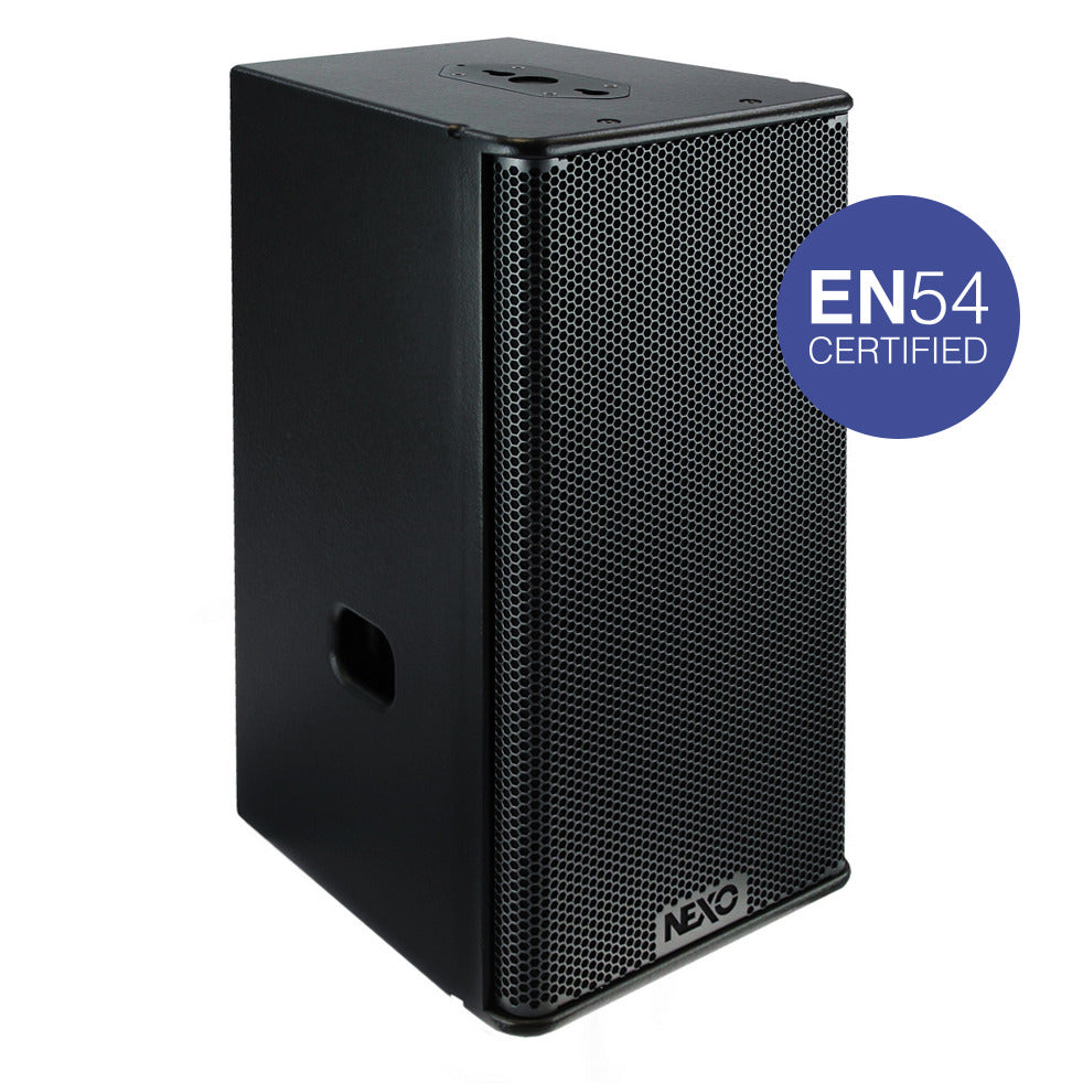 NEXO GEO S1210-ST-EN54 stadium module, angled front view with EN54 certified badge