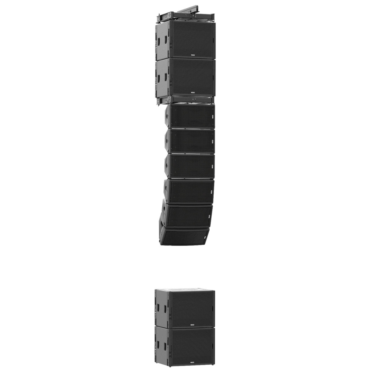Flown NEXO GEO M10 line array with an MSUB15 subwoofer on the floor