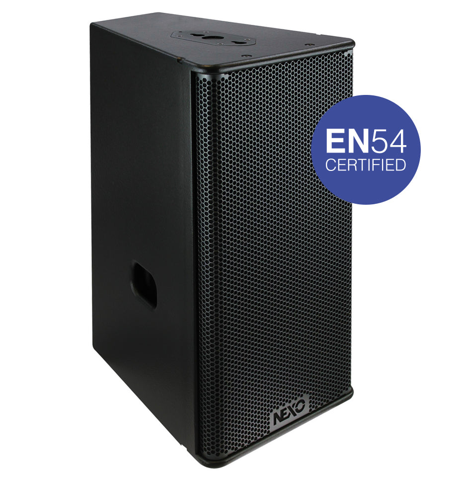NEXO GEO S1230-ST-EN54 stadium module, angled front view with EN54 certified badge