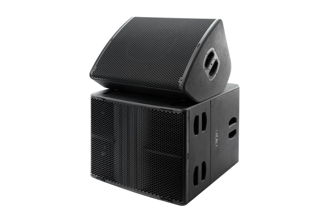 NEXO P18 as a floor monitor on top of an L18 subwoofer, angled view