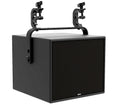 NEXO eLS400 installation subwoofer on a U-bracket with truss clamps, angled view