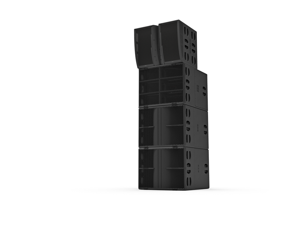 NEXO Alpha+ system as a single-column ground stack: M210 modules on top of bass cabinets