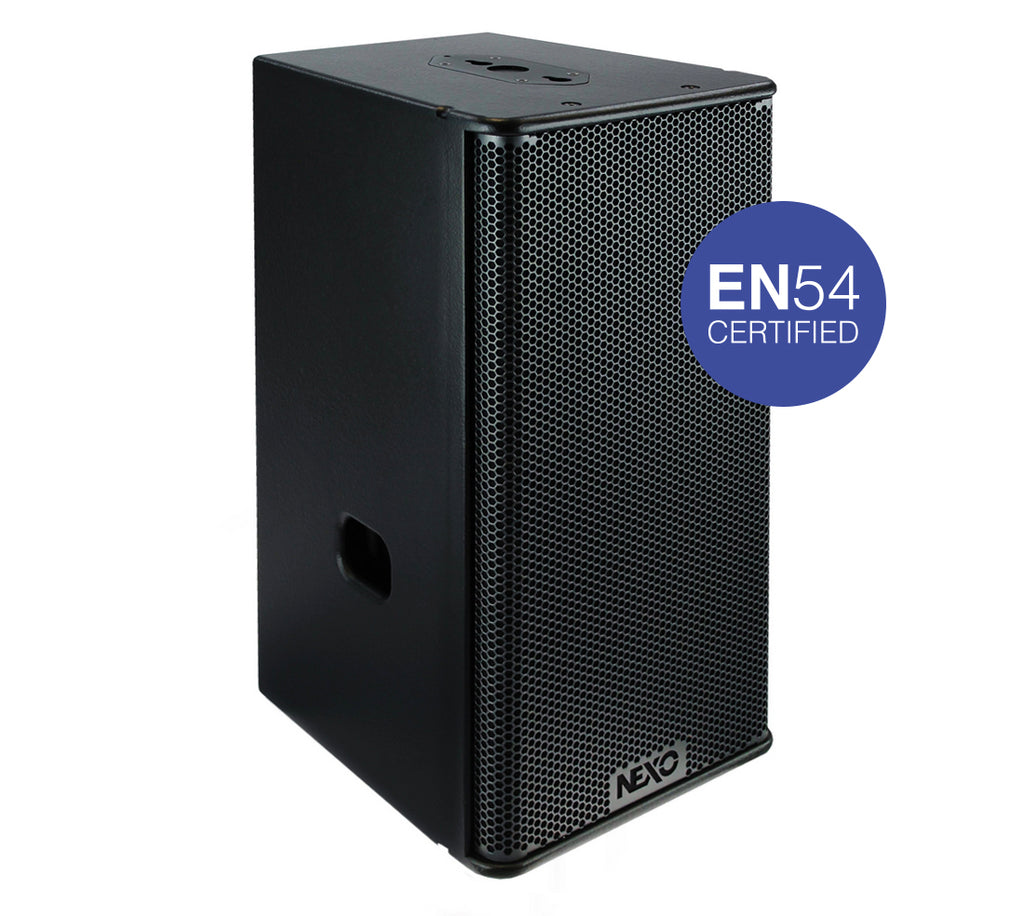 NEXO GEO S1210-EN54 module, angled front view with EN54 certified badge