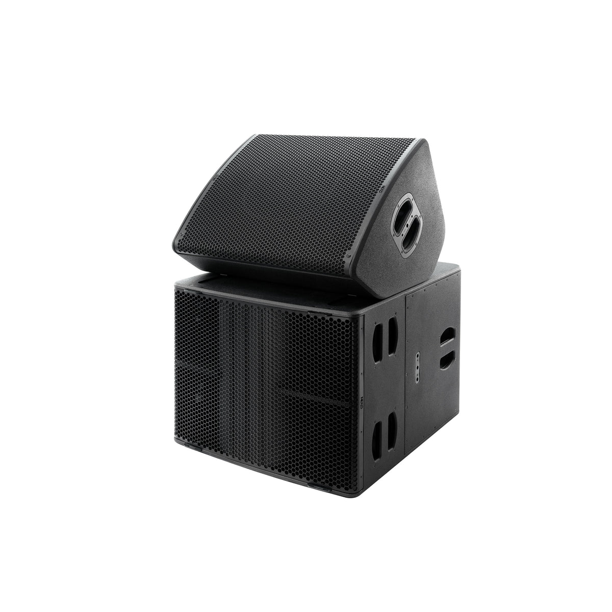 NEXO P18 as a floor monitor on top of an L18 subwoofer, angled view