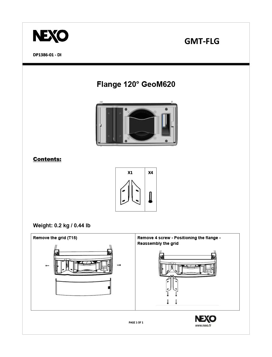 NEXO GMT-FLG 120° flange for GEO M620, information sheet with drawings