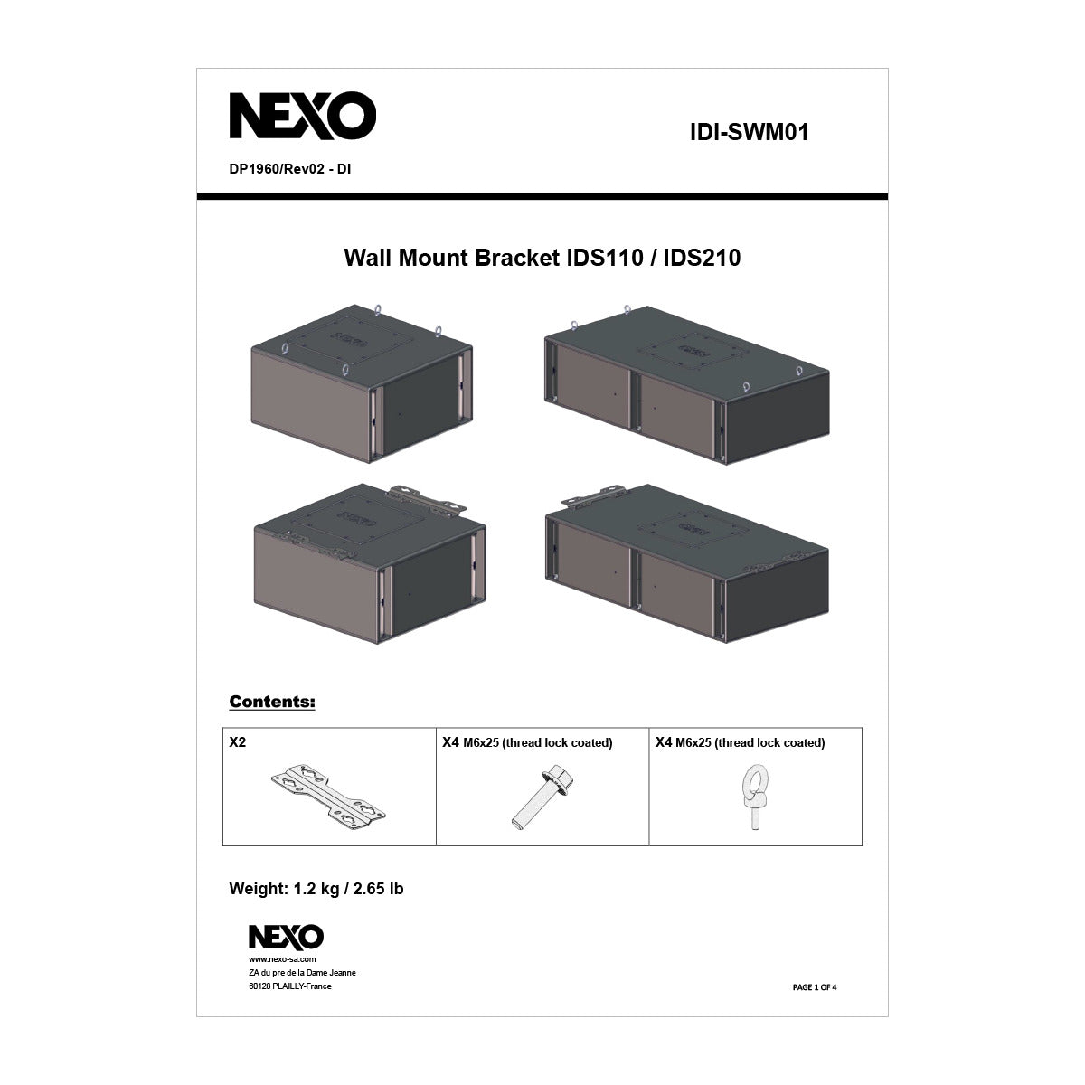 NEXO IDI-SWM01 wall mount bracket for IDS110 and IDS210, information sheet with drawings
