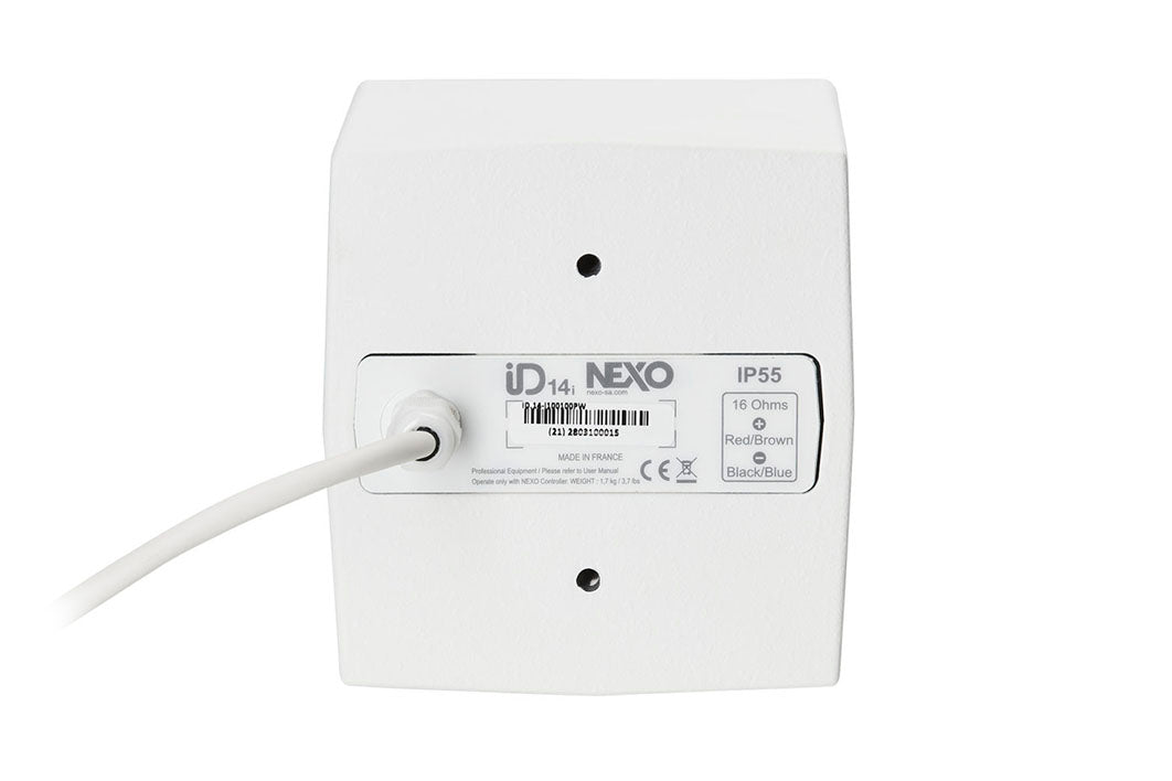 NEXO ID14 compact speaker in white, rear view with cable gland and IP55 label