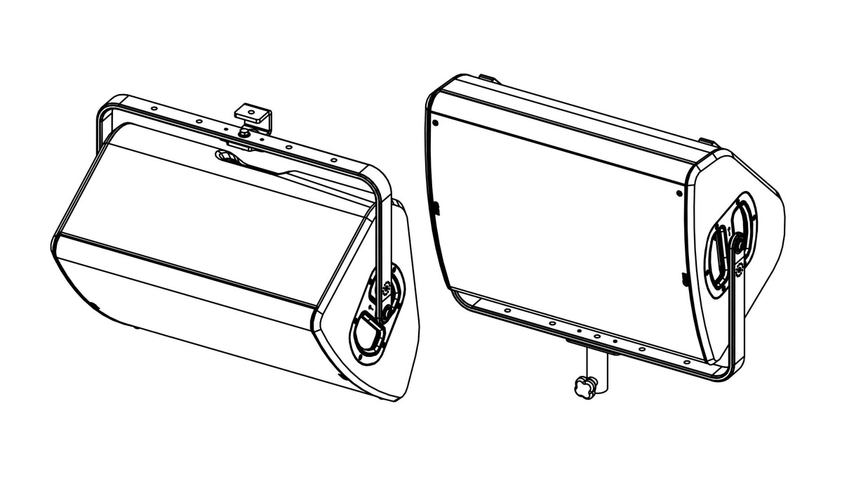 NEXO VNU-HBRK600 horizontal bracket holding a P15, two views, line drawing