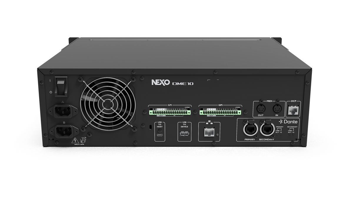 NEXO DME10 signal processor, angled rear view of the connector panel