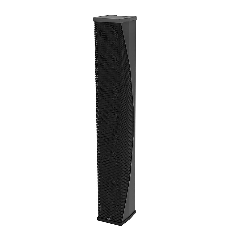 NEXO ID84L column bass speaker in black, touring version, angled front view