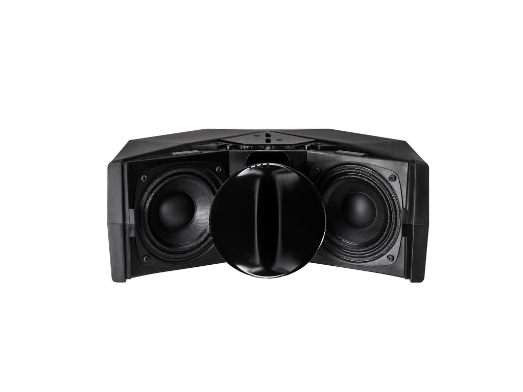 NEXO ID24 without grille, showing the two woofers and the rotatable horn set vertically