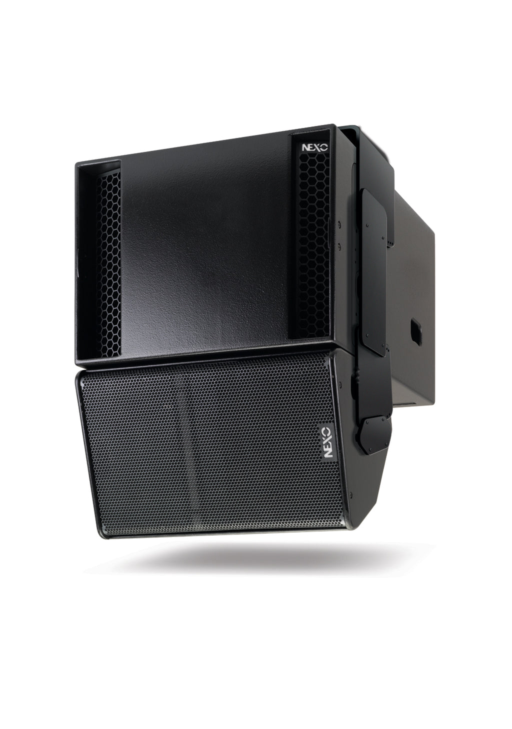 NEXO LS18 subwoofer flown with a PS15 speaker hanging below