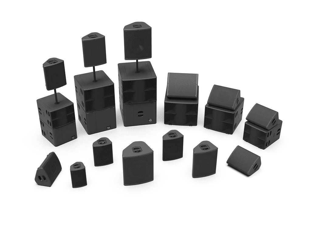 NEXO P Series and L Series family: point source speakers and subwoofers in various setups