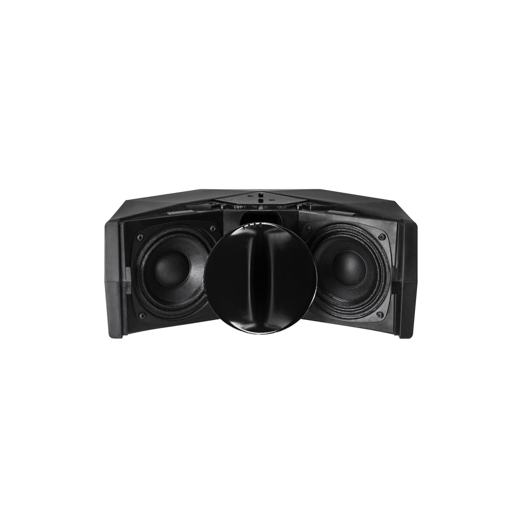 NEXO ID24 without grille, showing the two woofers and the rotatable horn set vertically