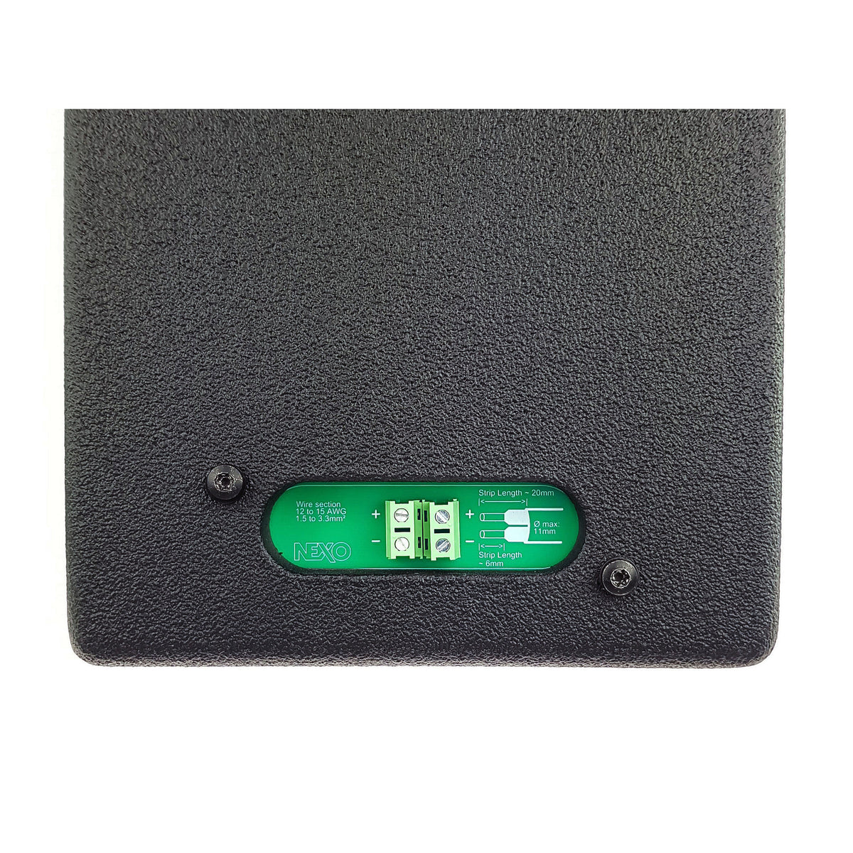 Close-up of the NEXO ePS/eLS rear connection plate with screw terminals, IP cover removed