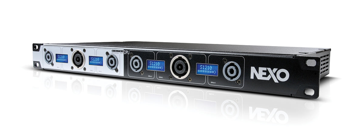 NEXO DPU Digital Patching Unit for NXAMP Powered TDcontrollers, 1U rack unit, angled front view