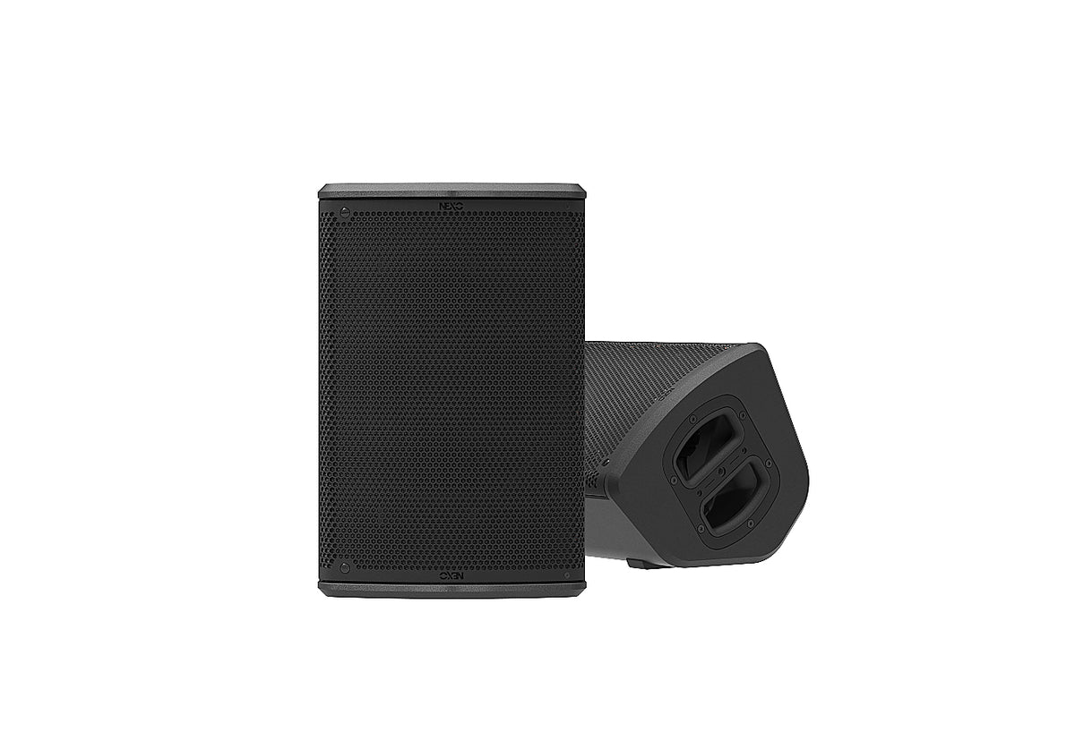 NEXO P8 point source speaker, close upright and floor monitor views