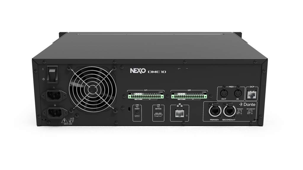 NEXO DME10 signal processor, angled rear view of the connector panel