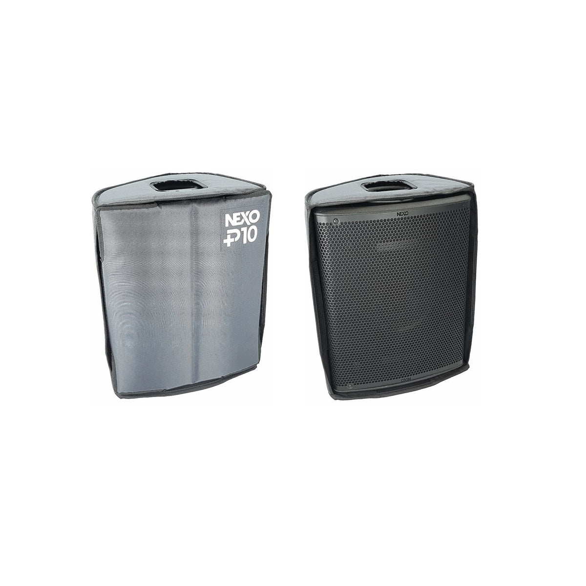NEXO PNT-COV10 cover for P10, shown on the speaker next to an uncovered P10