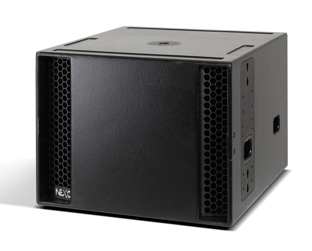 NEXO LS18 subwoofer in black, angled front view