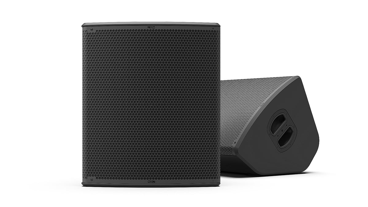 NEXO P18 point source speaker in black, upright and as a floor monitor