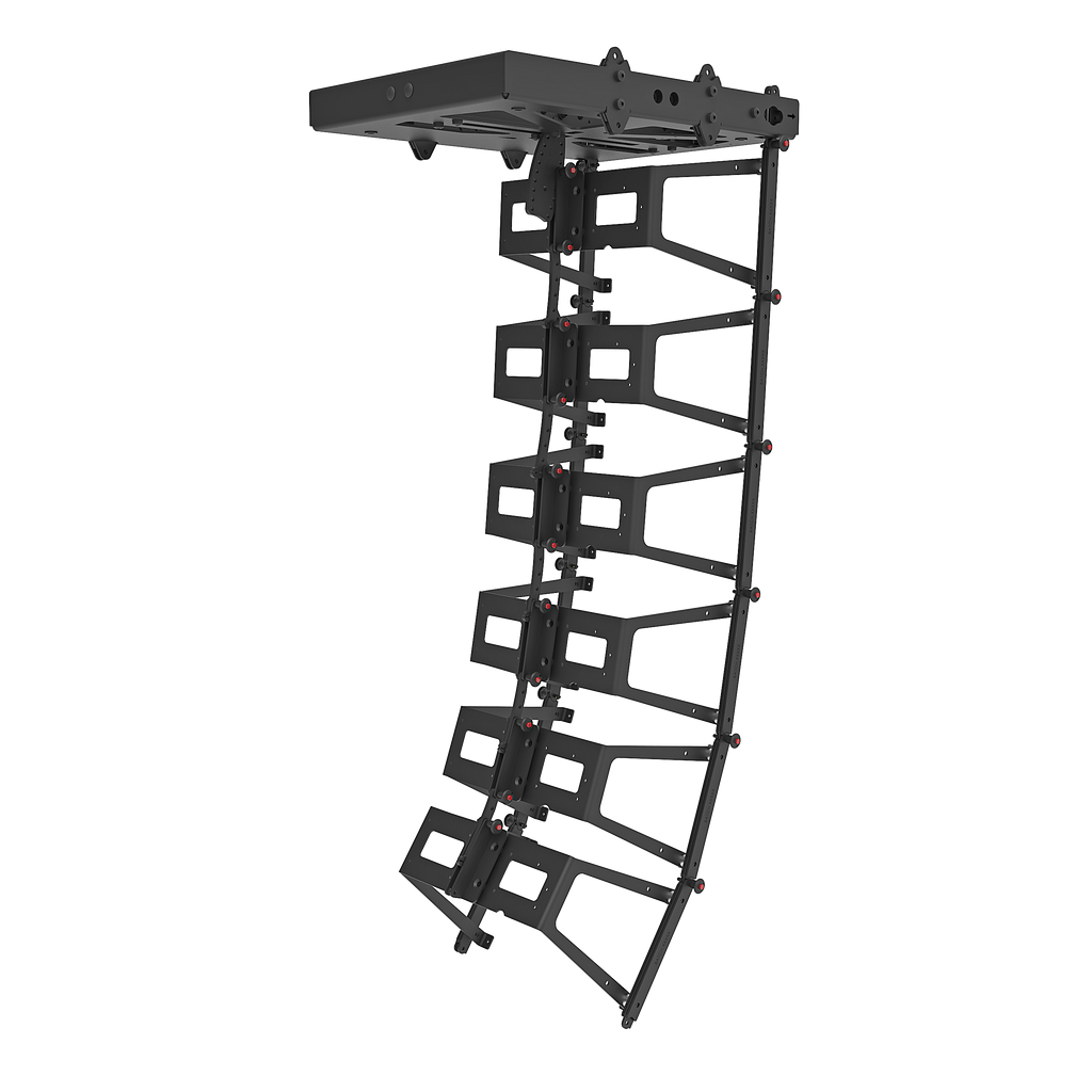NEXO GEO M12 line array rigging frames shown without cabinets, curved array