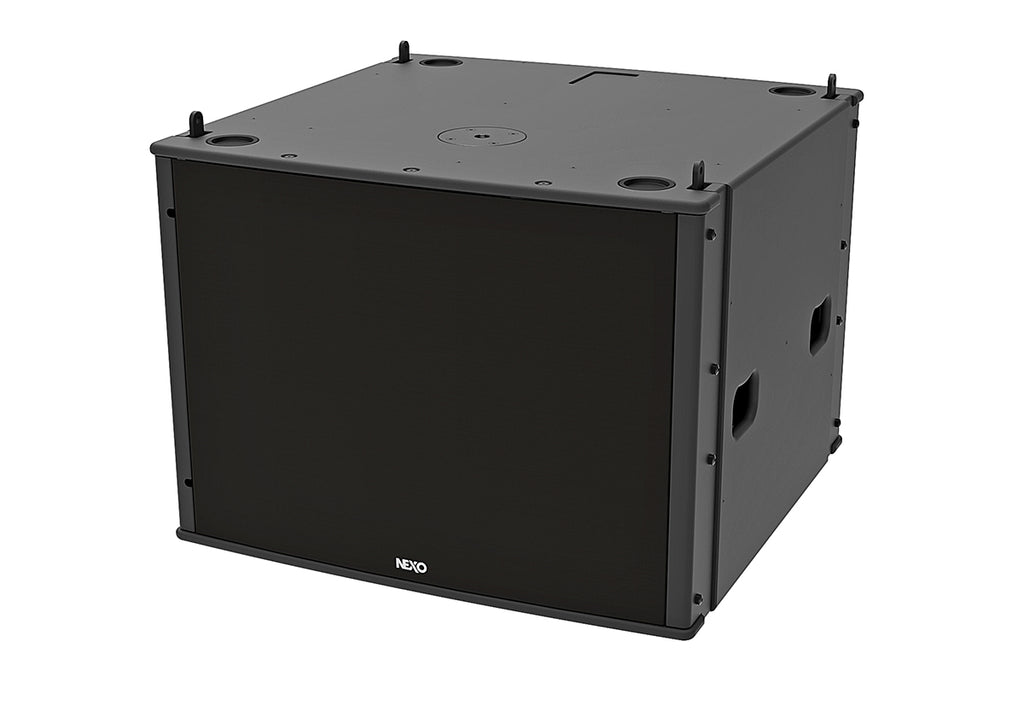 NEXO MSUB18 arrayable subwoofer, installation version in black, angled front view