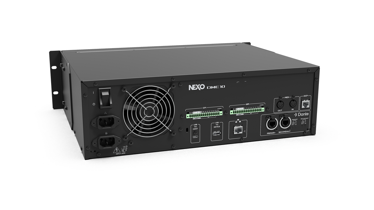 NEXO DME10 signal processor, rear panel seen from the side