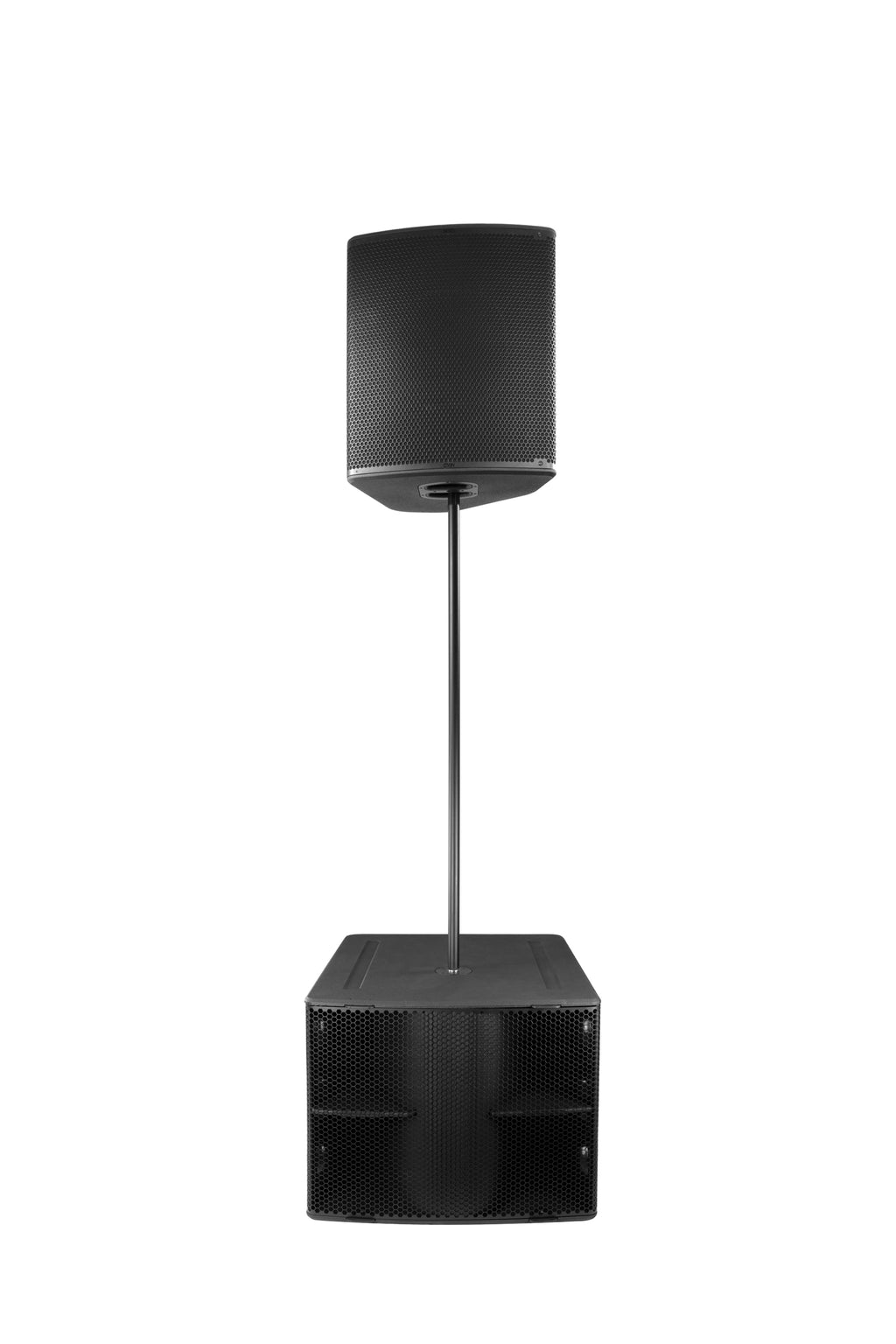 NEXO P18 on a pole above an L20 subwoofer, front view