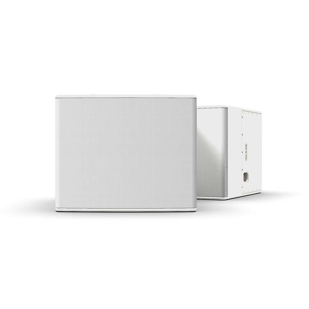 NEXO L18 compact horn-loaded subwoofer in white, front and angled views