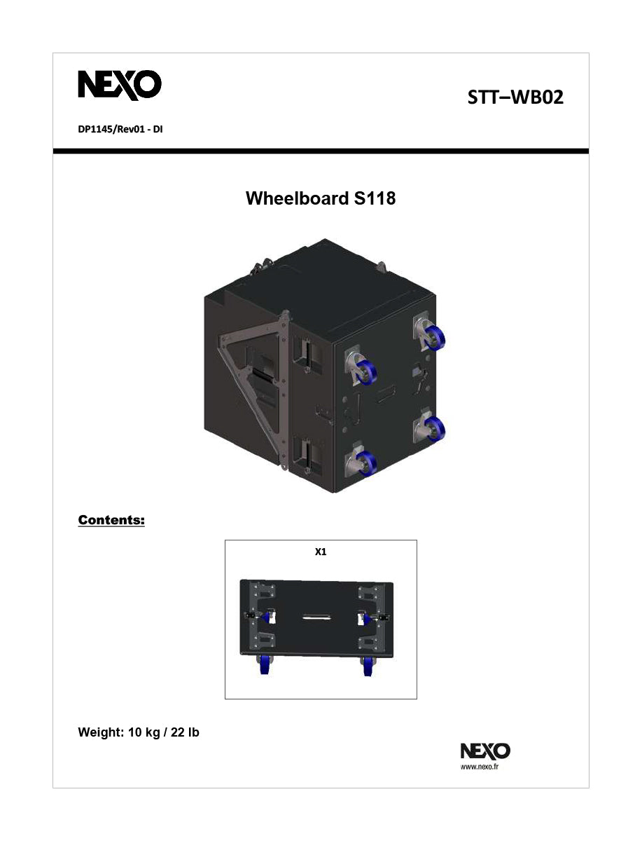 NEXO STT-WB02 wheelboard for STM S118, information sheet with drawings
