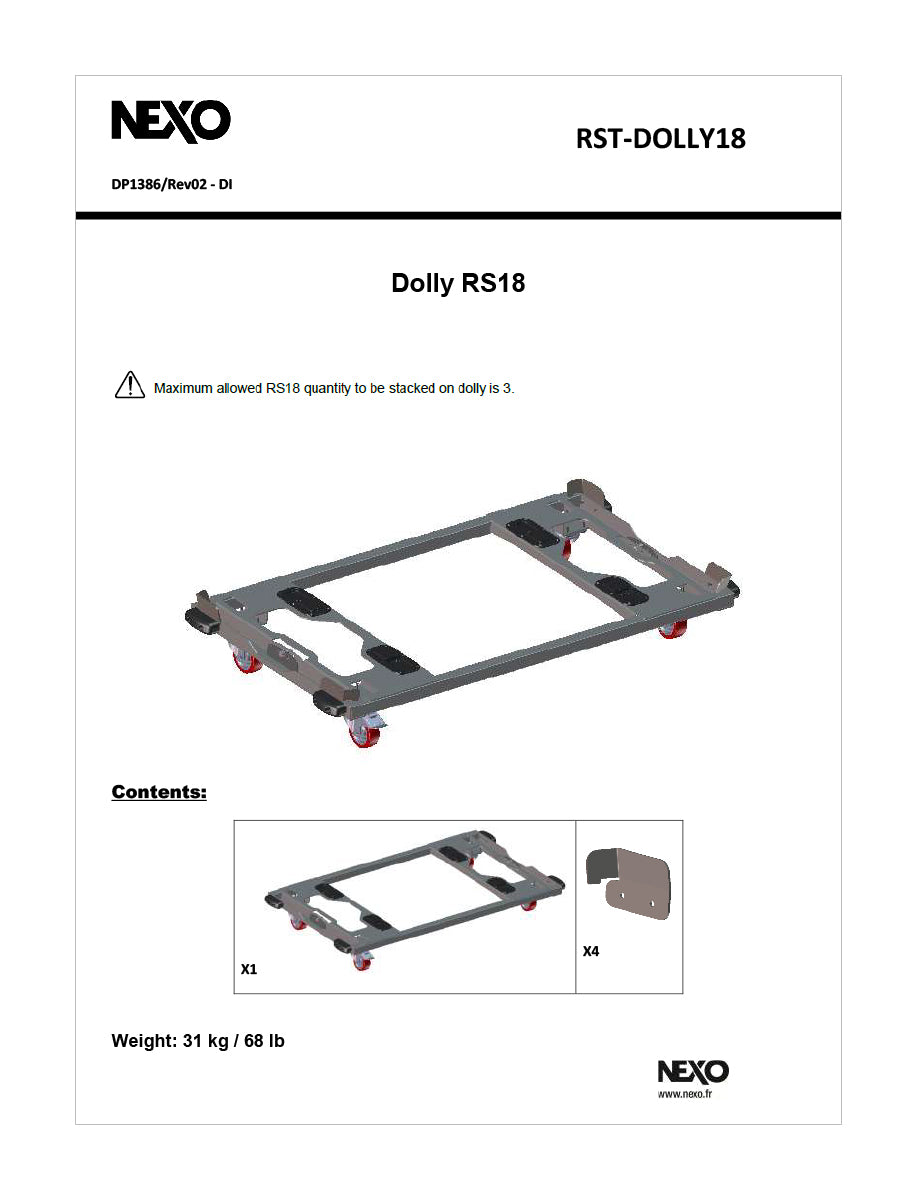 NEXO RST-DOLLY18 dolly for RS18, information sheet with drawing