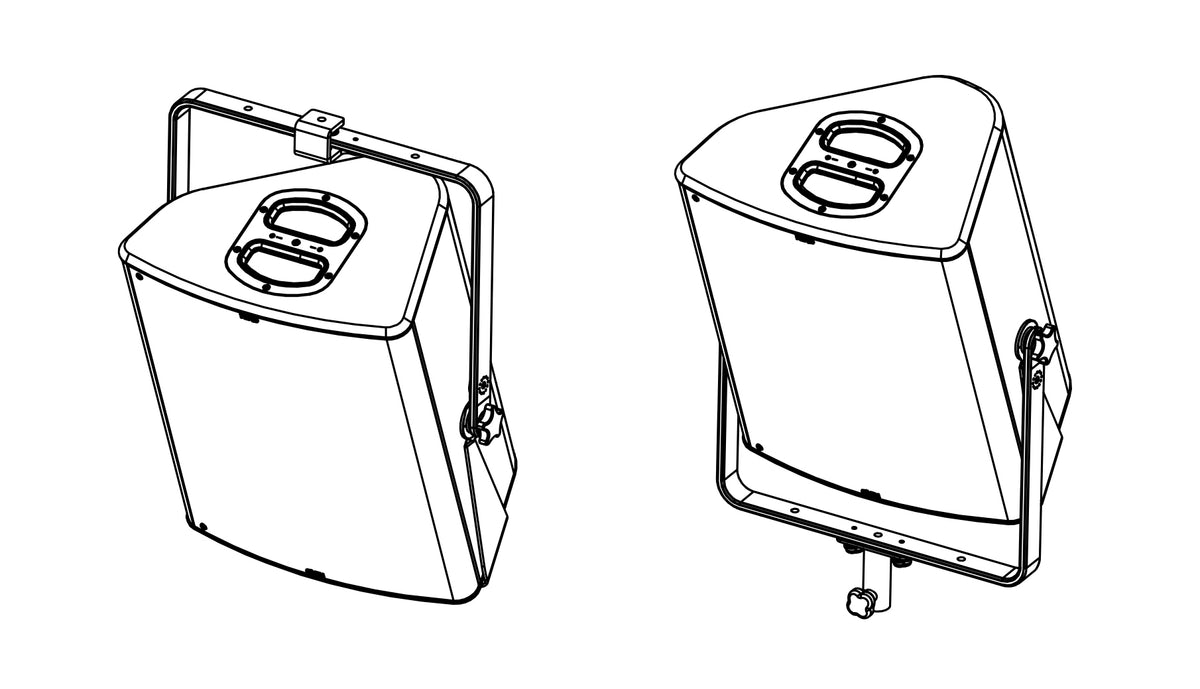 NEXO PNU-VBRK15 vertical bracket holding a P15, two views, line drawing