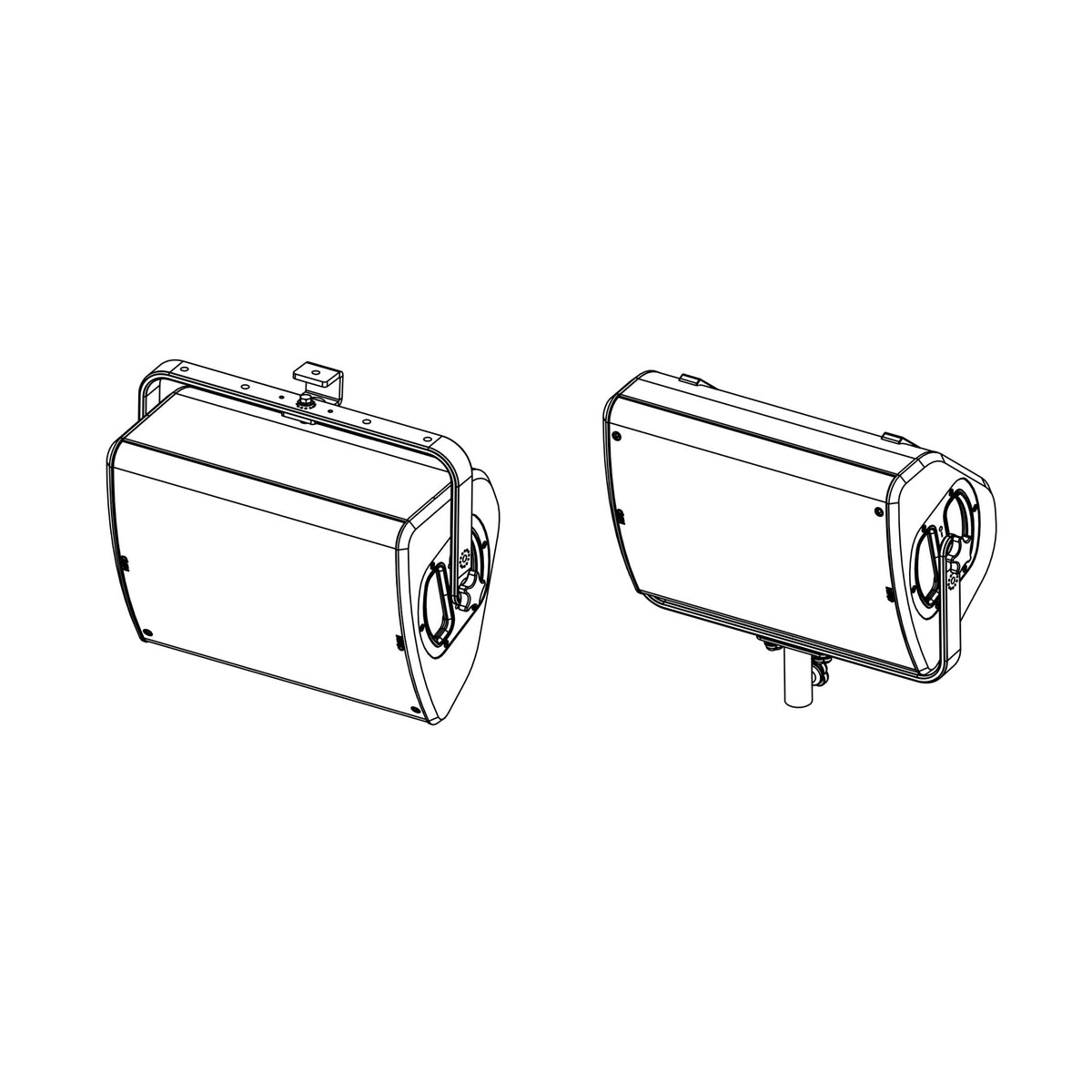 NEXO VNU-HBRK500 horizontal bracket holding a P10, two views, line drawing