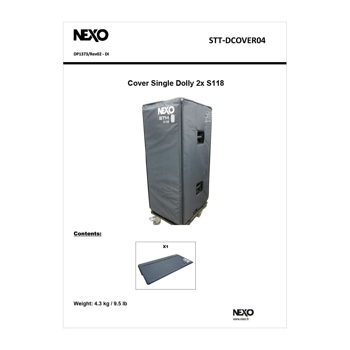 NEXO STT-DCOVER04 cover for a single dolly with two STM S118, information sheet with photo