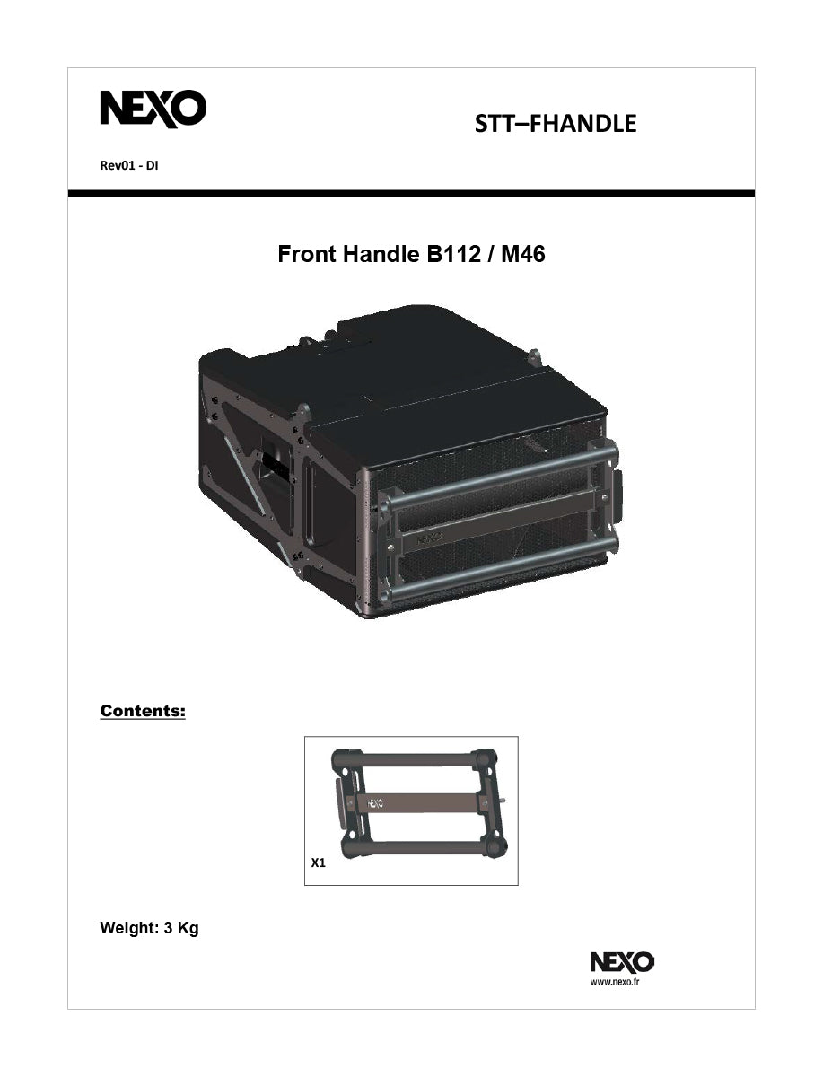 NEXO STT-FHANDLE front handle for STM B112 and M46, information sheet with photo