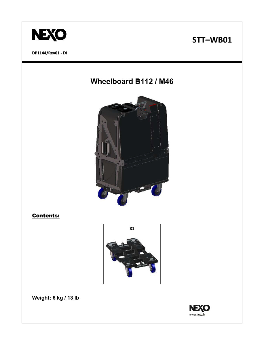 NEXO STT-WB01 wheelboard for STM B112 and M46, information sheet with drawings