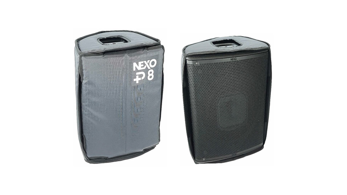 NEXO PNT-COV8 cover for P8, shown on the speaker next to an uncovered P8