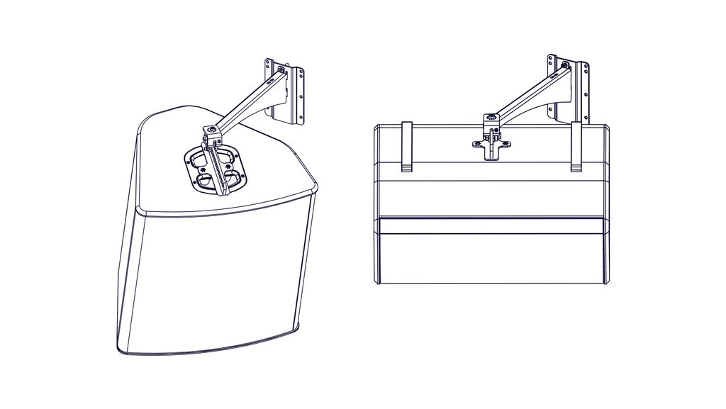 NEXO VNI-WM450 hanging bracket holding a speaker upright and horizontally, line drawing