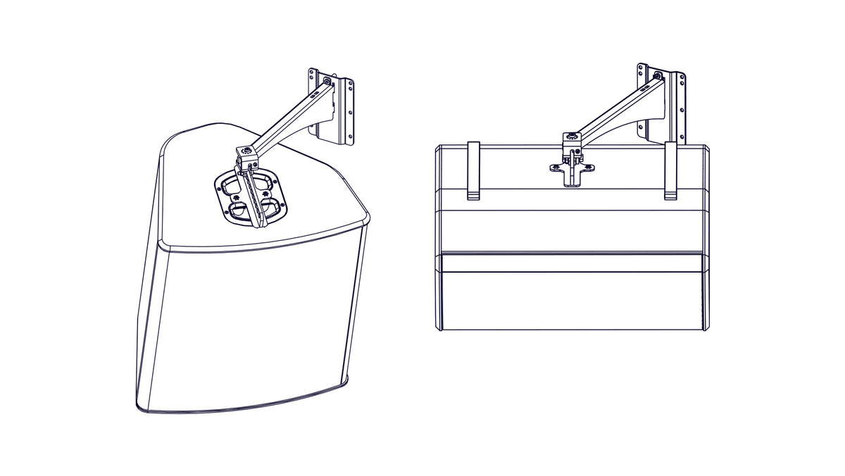 NEXO VNI-WM450 hanging bracket holding a speaker upright and horizontally, line drawing