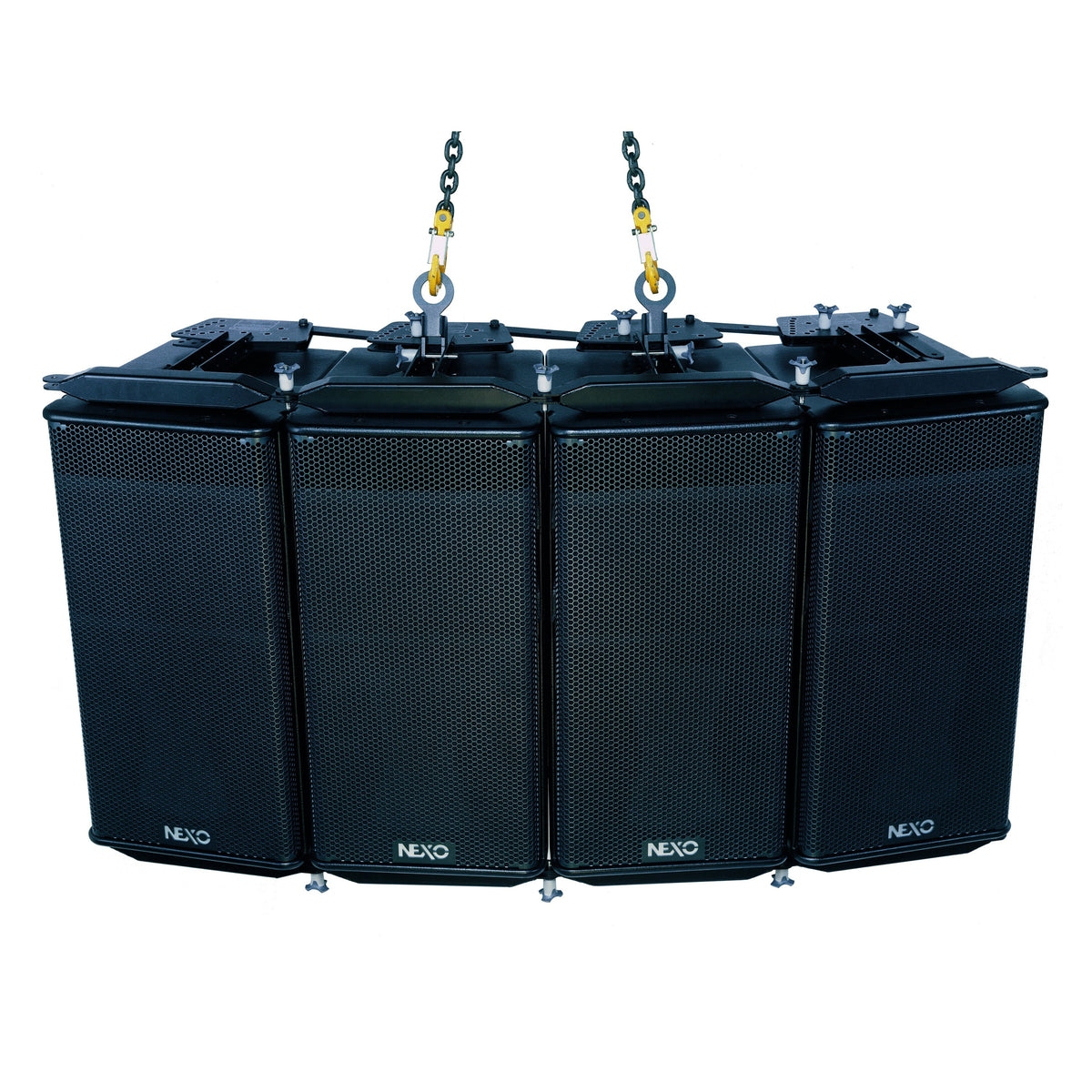 Four NEXO GEO S12 modules flown as a horizontal array from chain hoists