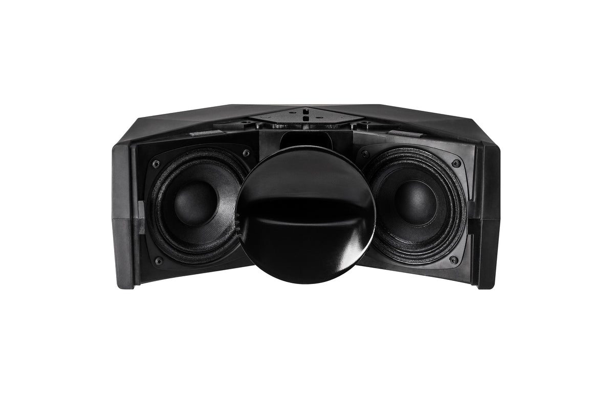 NEXO ID24 without grille, showing the two woofers and the rotatable horn set horizontally