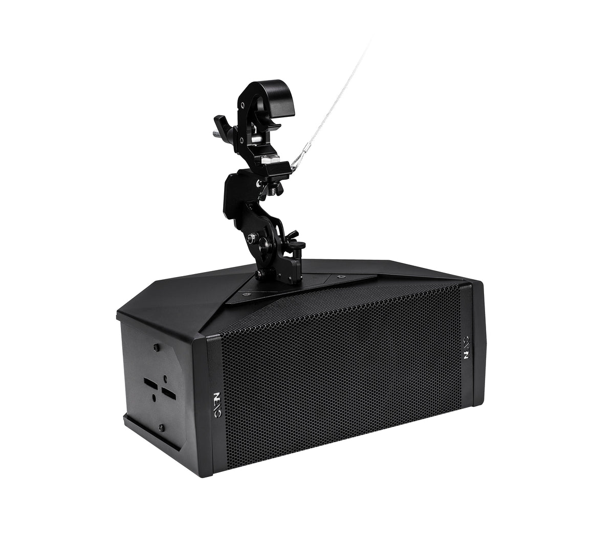NEXO ID24 compact speaker, touring version, hung horizontally from a clamp for under-balcony use
