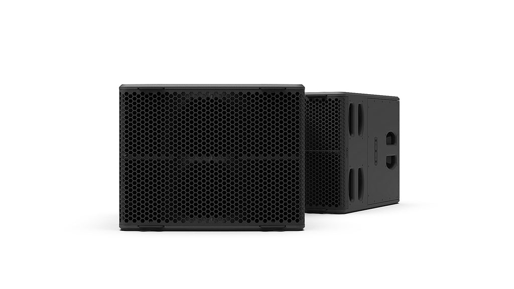 NEXO L15 compact horn-loaded subwoofer in black, front and angled views