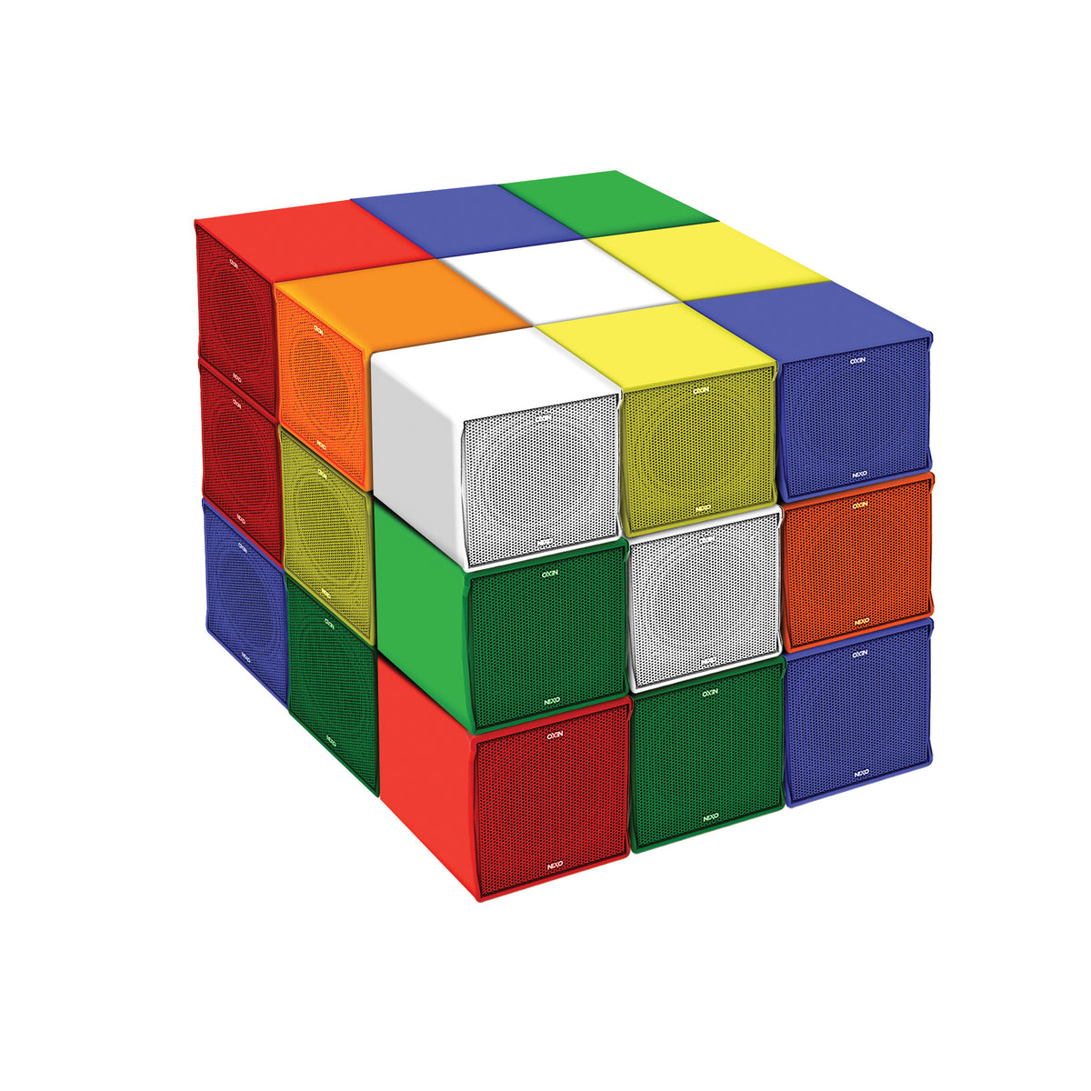 NEXO ID14 speakers stacked in a cube in many custom colours