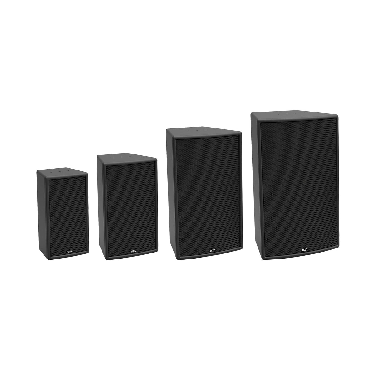 NEXO ePS-EN54 range in four sizes side by side (ePS6, ePS8, ePS10, ePS12)